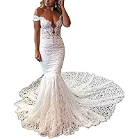 Women's Lace Beach Mermaid Wedding Dresses for Bride Long Train Illusion Bridal Ball Gowns Plus Size