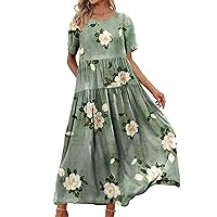 Women's Casual Loose Short Sleeve Summer Beach Print Dress with Pocket Mid Dress