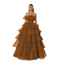 ZHengquan Women's Off Shoulder Tulle Prom Dresses A Line Strapless Evenning Dresses Tiered Runched Party Ball Gowns