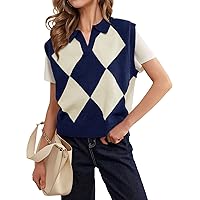 FERBIA Womens Argyle Plaid Knit Sweater Vests V Neck Lapel Sleeveless Casual Trendy Ribbed Pullover Tank Tops