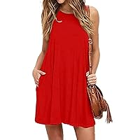 Womens Summer Dresses with Pocket, Casual Sleeveless/Short Sleeve Crew Neck Beach Mini Dress