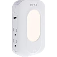 Philips 4-Outlet Extender 2-USB Surge Protector, Wall Adapter with Light-Sensing Night Light, Side Access, 3-Prong, Charging Station, SPP6241WC/37, White, 1 Pack