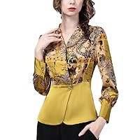 Gorgeous Yellow Satin Printing Blouse Women Autumn Long Sleeve V-Neck Single-Button Shirt Slim Ladies Work Tops