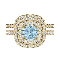 Clara Pucci 1.8ct Round Cut Simulated Blue Diamond 18K Yellow Gold Halo Solitaire W/Accents Engagement Bridal Wedding ring band Set