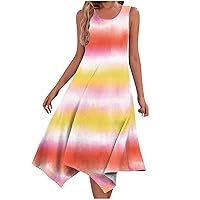 Tie Dye A-Line Sundress Women Irregular Hem Summer Sleeveless Beach Dress 2024 Casual Scoop Neck Flowy Midi Dresses