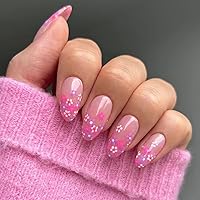 Spring Flower Press on Nails Short Length Fake Nails with Colorful Floral Design Pink Glossy Nude False Nails Gel Glue on Nails Summer Manicure Art Fake Nails Stick on Nails for Women Girls 24Pcs