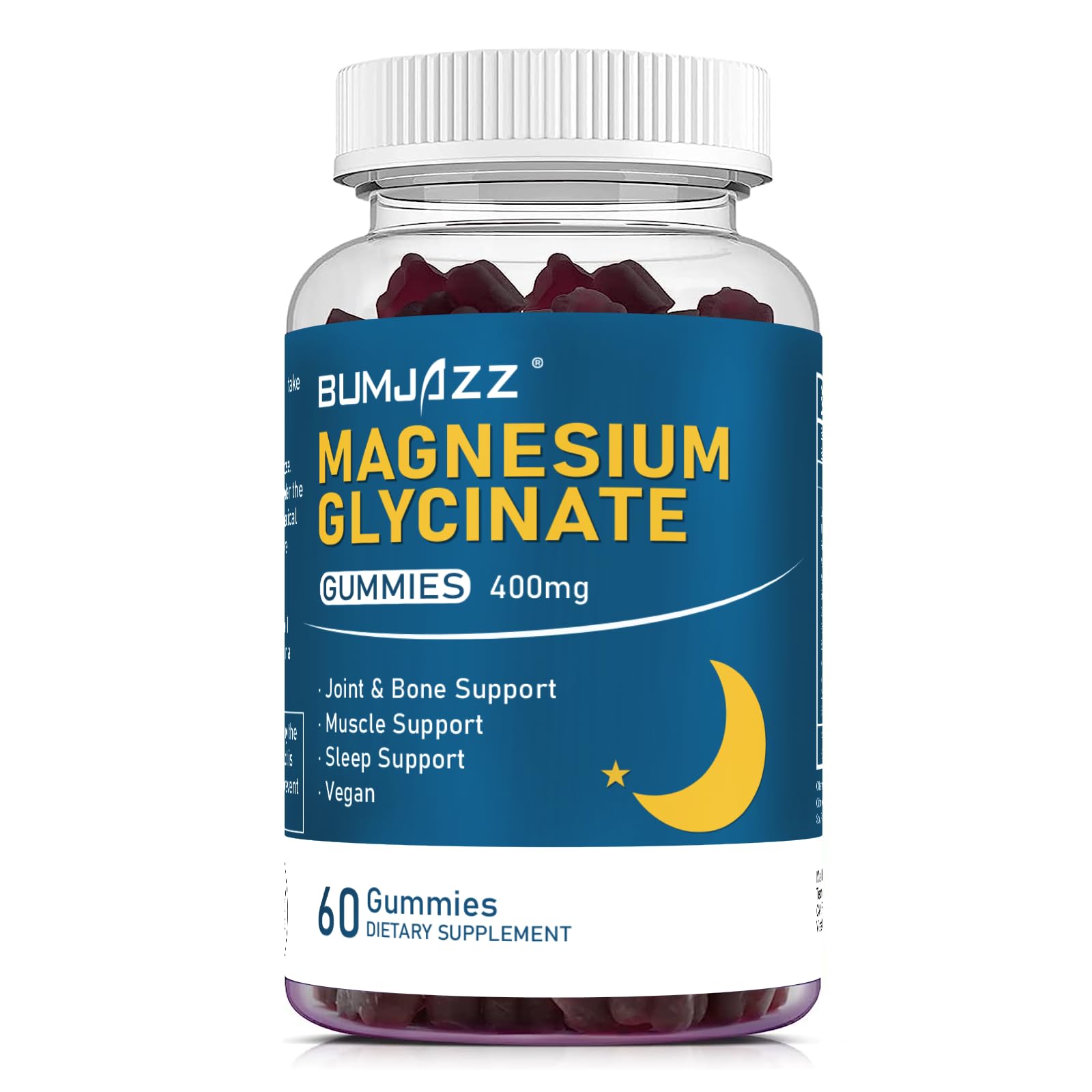 Bumjazz Magnesium Glycinate Gummies 400mg - Magnesium L-Threonate 200mg - Sugar-Free Magnesium Potassium Supplement with Vitamin D, B6, CoQ10 for Calm Mood & Sleep Support - 60 Count