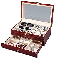 Wooden Watch Box Organizer with Valet Drawer - Real Acrylic Top, Metal Hinge, 15 Slots Watch Storage Case Jewelry Box for Men