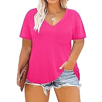 RITERA Plus Size Tops Short Sleeve for Women V Neck Shirts Summer Casual Blouses Loose Fit Basic Tunic Summer Tshirt Hot Pink 2XL