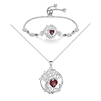 FANCIME Tree of life January Birthstone Jewelry Set Sterling Silver Garnet Pendant Bracelet Birthday Mothers Day Gifts for women Wife Mom Her