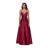 Blondie Nites Womens Maroon Zippered Pleated Lace-up Back Pocketed Lined Spaghetti Strap V Neck Full-Length Formal Gown Dress Juniors 3