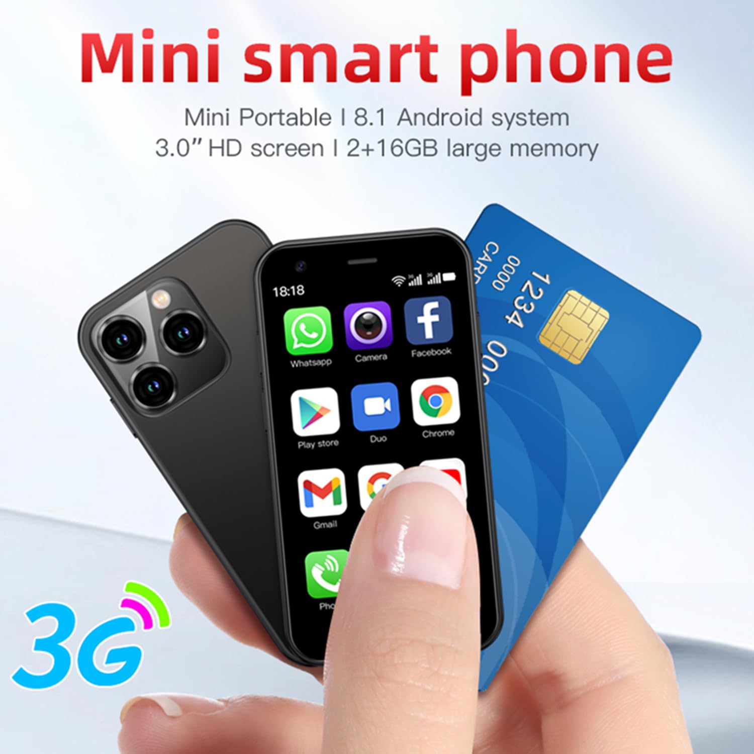 SOYES XS15 3G Mini Smartphone 3.0 Inch WiFi GPS Quad Core Android 8.1 Cell Phones Slim Body HD Camera Dual Sim Google Play Cute Palm Smartphone 2GB RAM 16GB ROM China Mobile (Black)