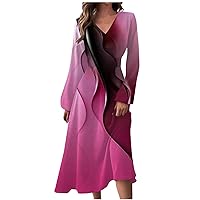 Dresses for Women Fall Winter Casual Fashion V-Neck Long Sleeve Gradient Print Long Dress