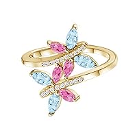 0.30 Ctw Marquise Shaped Aquamarine and Pink Sapphire Bypass Ring 9k Gold