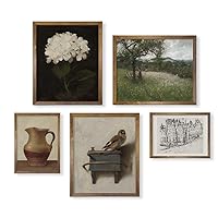 Vintage Farmhouse Wall Decor 11x14 Set 5 - Flower Bird Neutral Wall Art - Boho French Country Kitchen Bathroom - Rustic Bedroom Picture Poster Print - Beige Room Decor Aesthetic Botanical Cottagecore