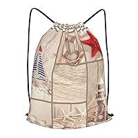 Boat Beach Starfish Shell Print Drawstring Backpack Bag, Men'S Women'S Shopping Yoga Swimming Travel Sports Backpacks