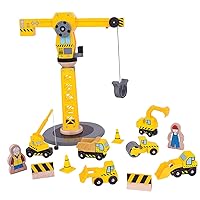 Bigjigs Rail Big Yellow Wooden Crane Construction Play Set with Vehicles & Accessories
