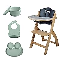 Abiie Beyond Junior Natural Wood/Black Cushion Convertible 3-in-1 Wooden High Chair, 6 Mos.-250 lb - with Ruby Wrapp and Octopod Silicone Bowl w/Lid & Frog Plate, w/Suction & BPA-Free - Sage Green