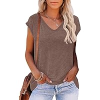 Cap Sleeve Summer Tops for Women Trendy 2024 Waffle Knit Short Sleeve Shirts Loose Blouse Tunic