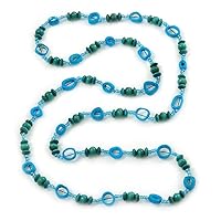 Avalaya Long Green Wood Bead & Light Blue Bone Ring Necklace - 114cm L