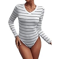SweatyRocks Women's Long Sleeve Striped Print V Neck Bodysuit Ribbed Knit Slim Fit Bodysuit Tee Top