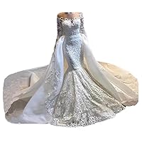 Luxury Mermaid Wedding Dresses for Bride Long Sleeves Appliques Beaded Bridal Gowns with Detachable Train