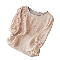 Loose Linen Tops for Womens Summer Crew Neck 3/4 Sleeve Boho Cotton Linen Blouses Embroidery Vintage Casual Shirts