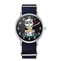 Panda Eats Noodles Design Nylon Watch for Men and Women, Kawaii Ramen Art Theme Unisex Wristwatch, Japanese Anime Lover Gift Idea