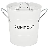 Indoor Kitchen Compost BIN by Spigo, Great for Food Scraps, Includes Charcoal Filter for Odor Absorbing, Removable Clean Plastic Bucket, Handles, Durable Stainless Retro Design, 1 Gallon, White