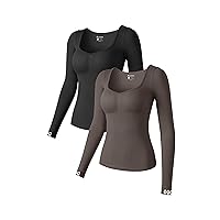 OQQ Women 2 Piece Long Sleeve Tops Seamless Stretch Fitted Underscrubs Layer Tee Shirts Tops