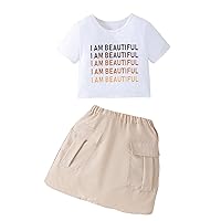 Verdusa Girl's 2 Piece Outfit Letter Print Short Sleeve Tee Top and Cargo Skirt Sets