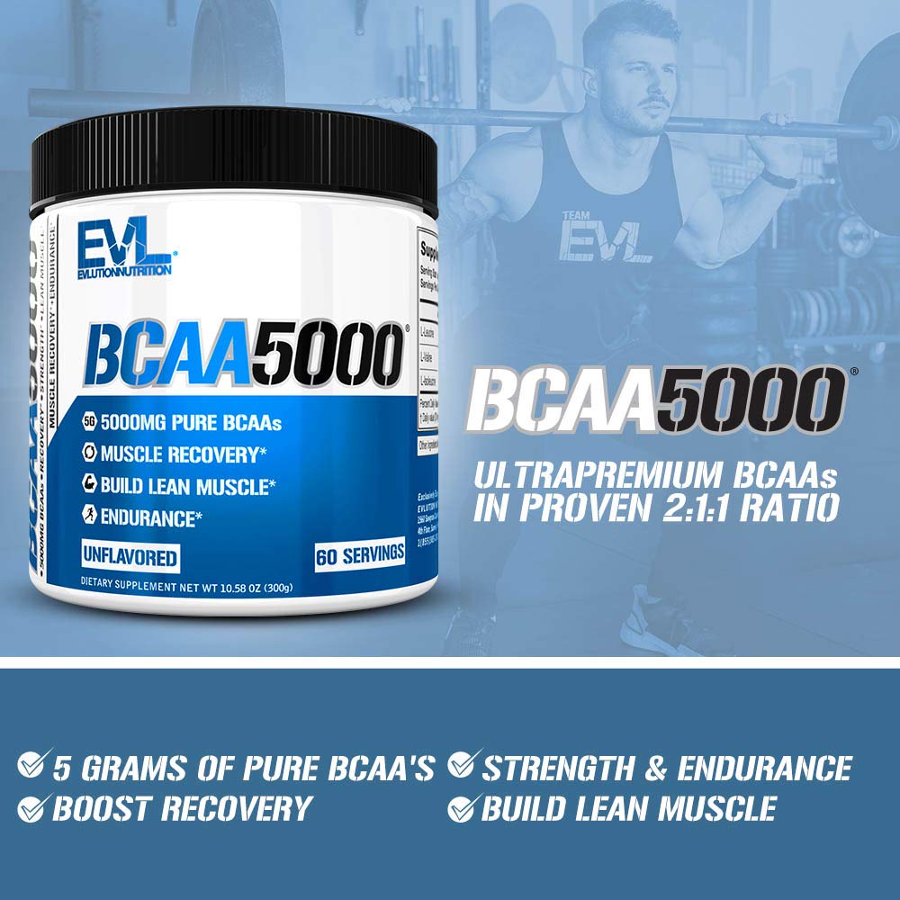 Evlution EVL BCAAs Amino Acids Powder - BCAA Powder Post Workout Recovery Drink and Stim Free Pre Workout Energy Drink Powder - 5g Branched Chain Amino Acids Supplement for Men - Unflavored Powder