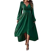 Summer Dresses for Women 2024 Vacation,Womens Comfortable and Elegant Solid Color Long Sleeve V Neck Dress Even