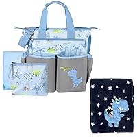 Dinosaur Diaper Bag Tote with Portable Changing Mat, Pacifier Pouch, Dinosaur Baby Blanket 4 Pc. Set
