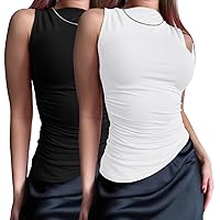 LUYAA Womens Crop Mock Neck Tops Side Ruched Slim Fitted Tank Top 2 Pack Sleeveless Tight Shirts