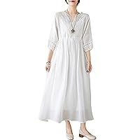 Women Cotton Linen Dress Casual Loose Bohemian Floral House Midi Dress with Pockets