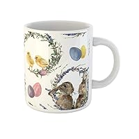 Coffee Mug Watercolor Easter Wreath Pattern Rabbit Chicken Lavender Willow Tulip 11 Oz Ceramic Tea Cup Mugs Best Gift Or Souvenir For Family Friends Coworkers