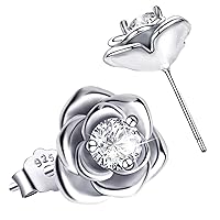 Rose Flower Stud Earrings for Girls Sterling Silver with Gold Plated Hypoallergenic Jewelry Cubic Zirconia Studs Earring, Birthday Gifts for Women Girls