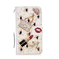Crystal Wallet Case Compatible iPhone 13 Pro - Sexy Lips Bag Lipstick High Heel - White - 3D Handmade Glitter Bling Leather Cover with Screen Protector & Beaded Phone Lanyard