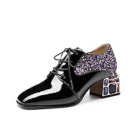 TinaCus Glossy Patent Leather Women's Handmade Classic Square Toe Crystal Mid Chunky Heel Lace Up Glitter Decor Pump Shoes
