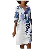 Clearance Winter Coats for Women Linen Dress for Women Summer Casual Print Straight Loose Fit Fashion with Half Sleeve V Neck Knee Dresses Dark Blue Medium