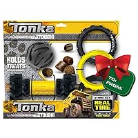 Tonka Three Dog Toy Gift Set - 3in Mega Tread Ball, 7in Axle Tread with Insert Feeder, and 10.5in Rubber Flex Tread 3-Ring Tug - Yellow/Black