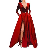 Long Satin Velvet Prom Dresses V Neck Long Sleeve High Slit Formal Evening Party Gowns