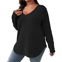 Plus Size Brushed Ribbed Knit Tops for Women V Neck Long Sleeve Loose Casual Fall Blouses Winter Basic Pullover Sweater Shirt
