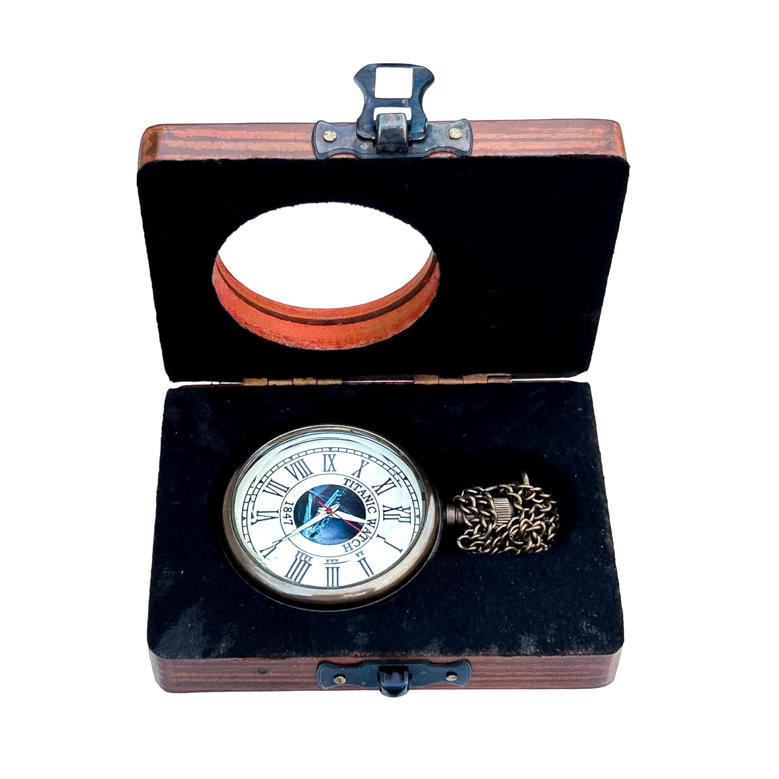 Generic Hassanhandicrafts Vintage Antique Maritime Brass Pocket Watch Titanic Ship Dial with Wooden Box