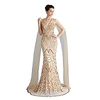 Gold/Sliver Mermaid Prom Evening Party Bridesmaid Dress Gown With Shawl