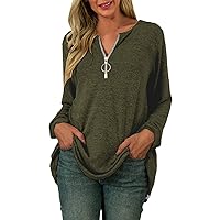 Tunic Tops To Wear With Leggings For Women Ladies Round Neck Long Sleeve Zip Button Top Solid Color Pullover C
