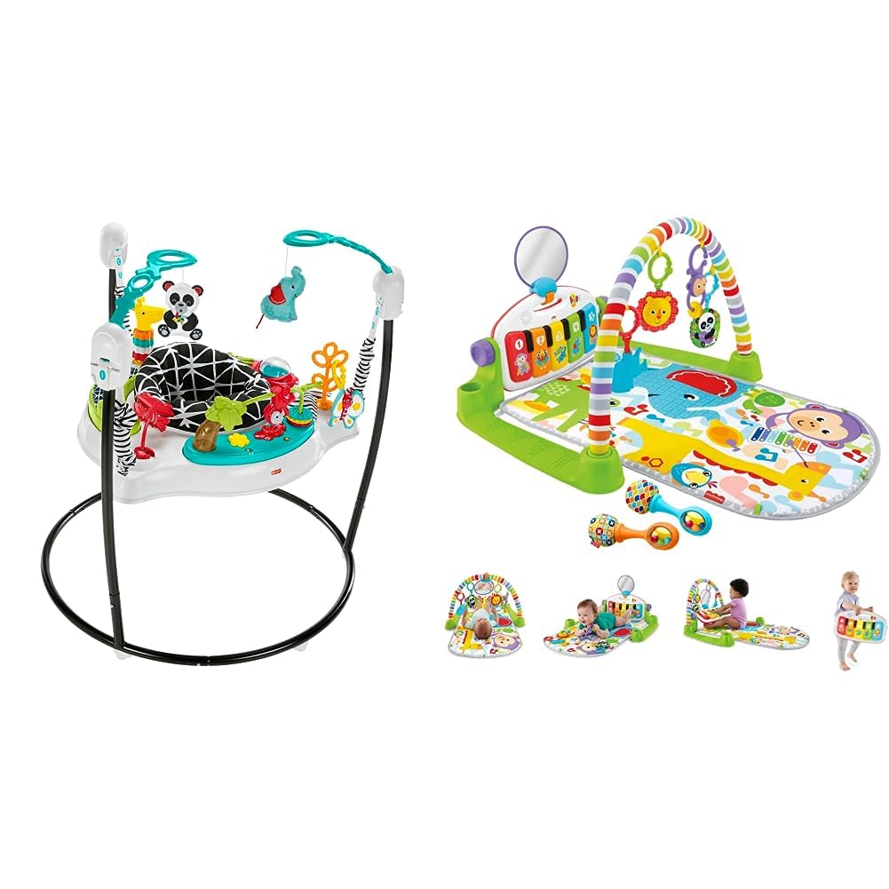 Fisher-Price Baby Bouncer Animal Wonders Jumperoo Activity Center & Fisher-Price Baby Playmat Deluxe Kick & Play Piano Gym & Maracas with Smart Stages Learning Content