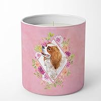 CK4126CDL Cavalier King Charles Spaniel Pink Flowers 10 oz Decorative Soy Candle Nature Soy Wax Essential Oil Home Decor Ideal for Bedroom Kitchen Bath Office Gift, 10 oz