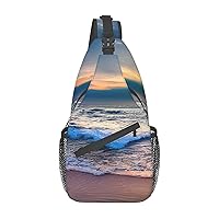 Sling Backpack,Travel Hiking Daypack Serene Seaside Sunset Print Rope Crossbody Shoulder Bag